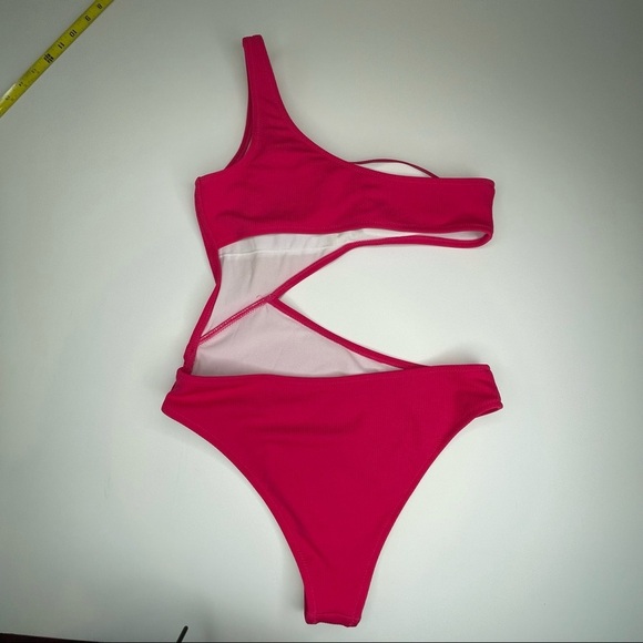 Shade & Shore One Shoulder Cut Out Ribbed One Piece Swim Pink S - Picture 5 of 14